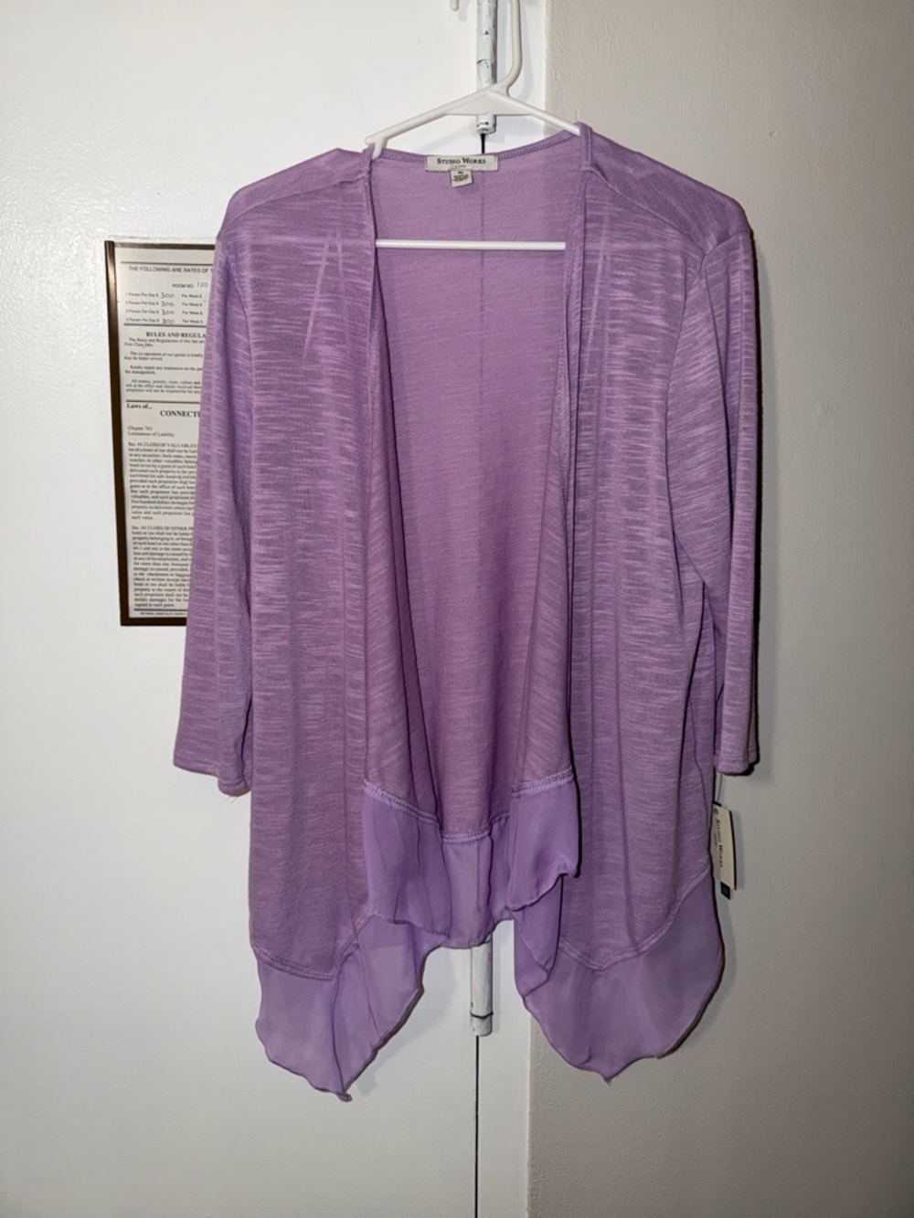 Studio Works Lavender Lightweight Open-Front Cardigan with Chiffon Hem